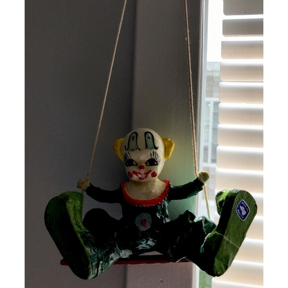 Mexican Paper Mache Vintage Folk Art Clown On Swing - Picture 2 of 9